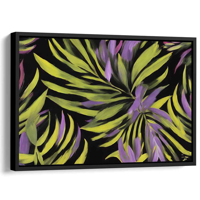 Midnight Tropics: Green and Purple Palm Leaves on Black Canvas Art Print
