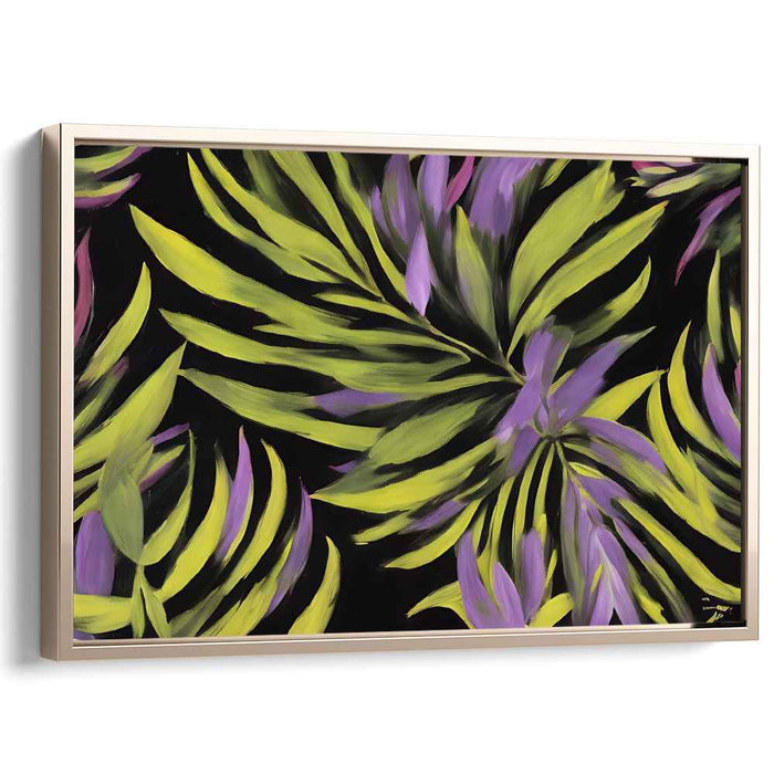 Midnight Tropics: Green and Purple Palm Leaves on Black Canvas Art Print