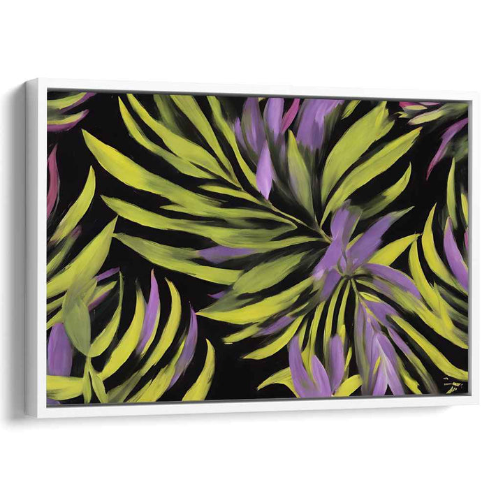 Midnight Tropics: Green and Purple Palm Leaves on Black Canvas Art Print