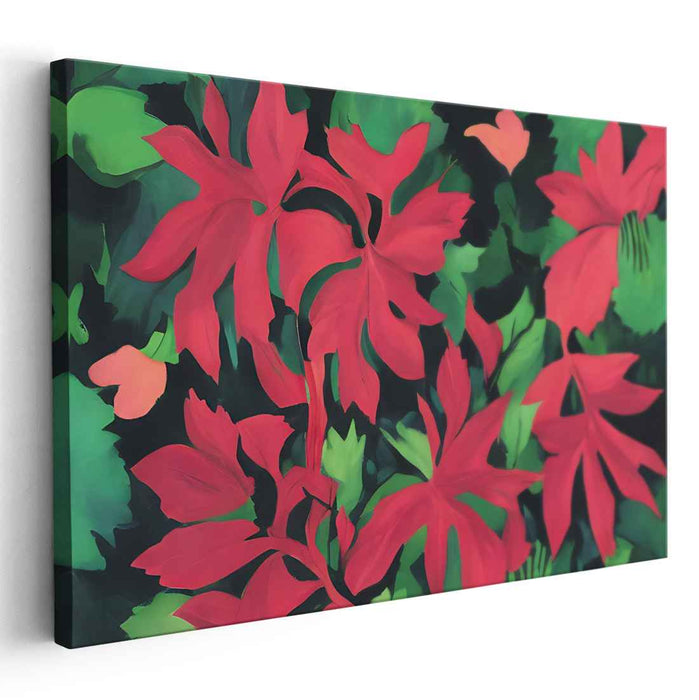 Verdant Petal Impression: Vibrant Red Florals on Lush Green Canvas Art Print