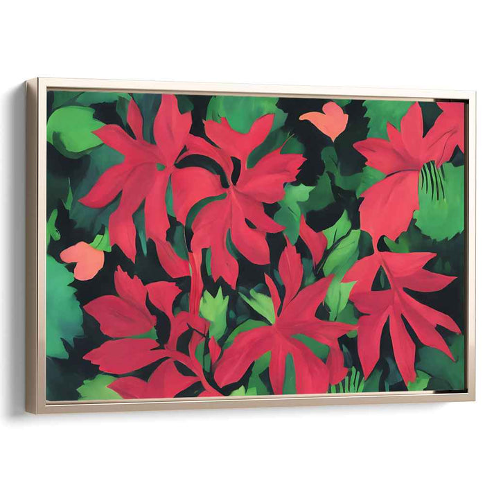 Verdant Petal Impression: Vibrant Red Florals on Lush Green Canvas Art Print