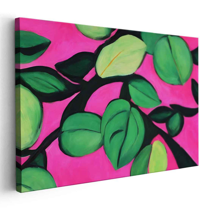 Blush Foliage Abstraction: Bold Green Leaves on Pink Canvas Art Print