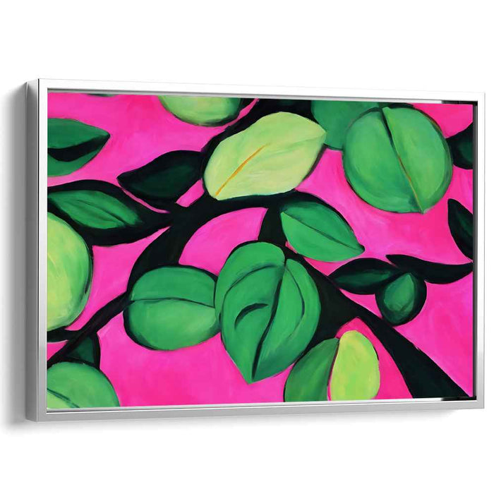 Blush Foliage Abstraction: Bold Green Leaves on Pink Canvas Art Print