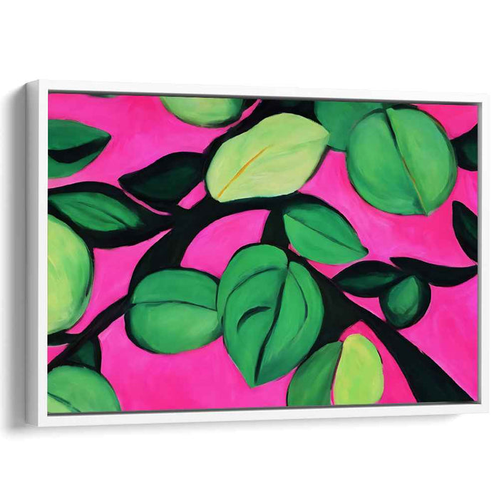 Blush Foliage Abstraction: Bold Green Leaves on Pink Canvas Art Print