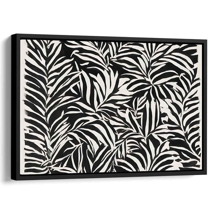 Inky Foliage Dance: Bold Black and White Leaf Pattern Canvas Art Print
