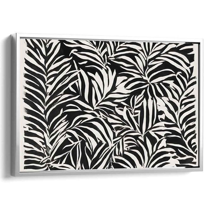 Inky Foliage Dance: Bold Black and White Leaf Pattern Canvas Art Print