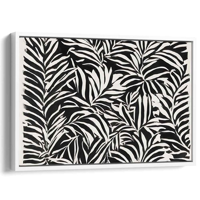Inky Foliage Dance: Bold Black and White Leaf Pattern Canvas Art Print