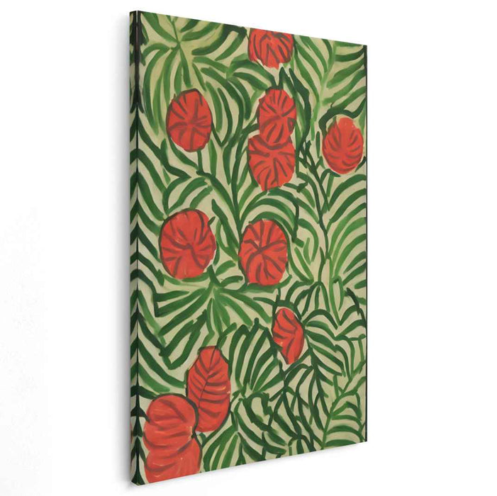 Crimson Jungle Symphony: Vibrant Red Blossoms Amidst Verdant Foliage Canvas Art Print