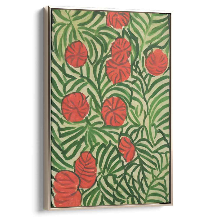 Crimson Jungle Symphony: Vibrant Red Blossoms Amidst Verdant Foliage Canvas Art Print