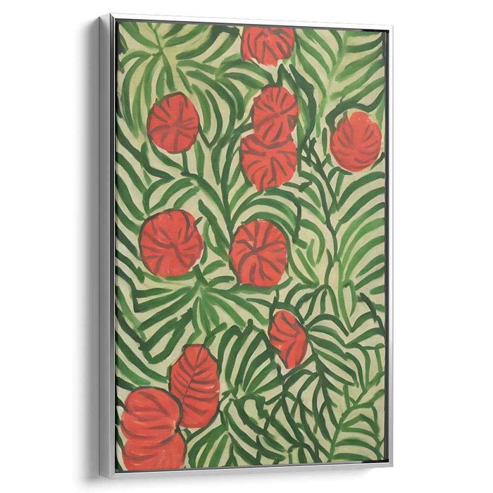 Crimson Jungle Symphony: Vibrant Red Blossoms Amidst Verdant Foliage Canvas Art Print