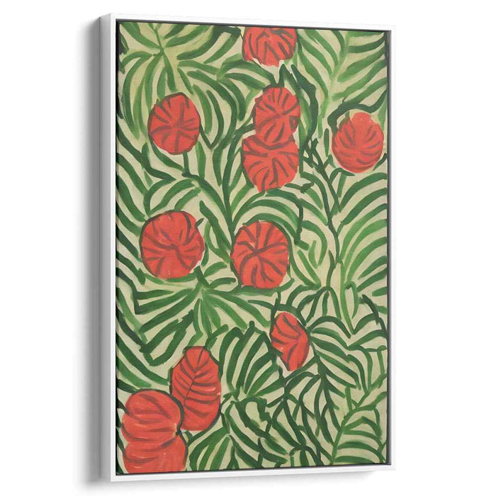 Crimson Jungle Symphony: Vibrant Red Blossoms Amidst Verdant Foliage Canvas Art Print
