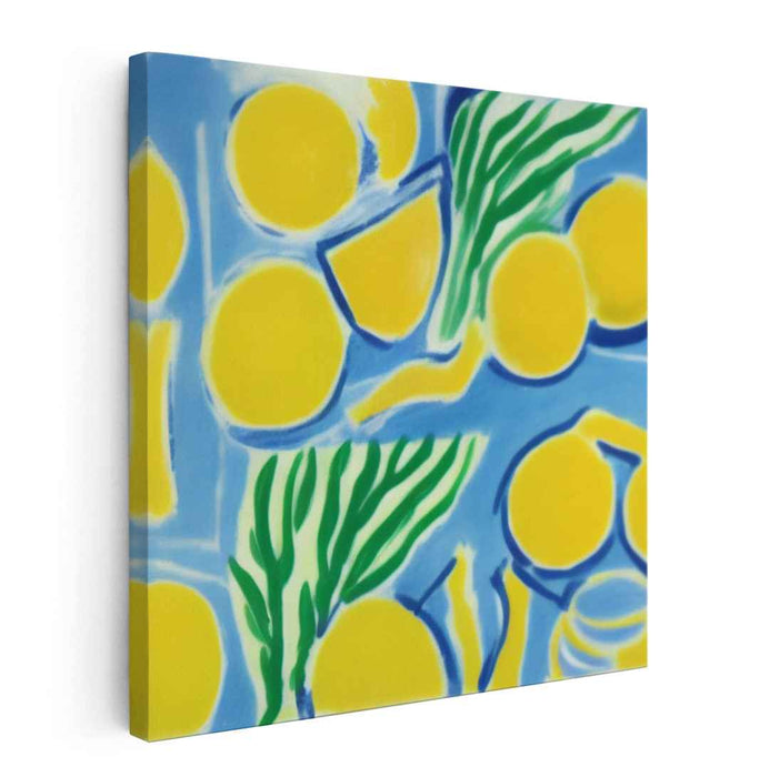 Citrus Whispers in Green Hues: Abstract Lemon and Leaves Canvas Art