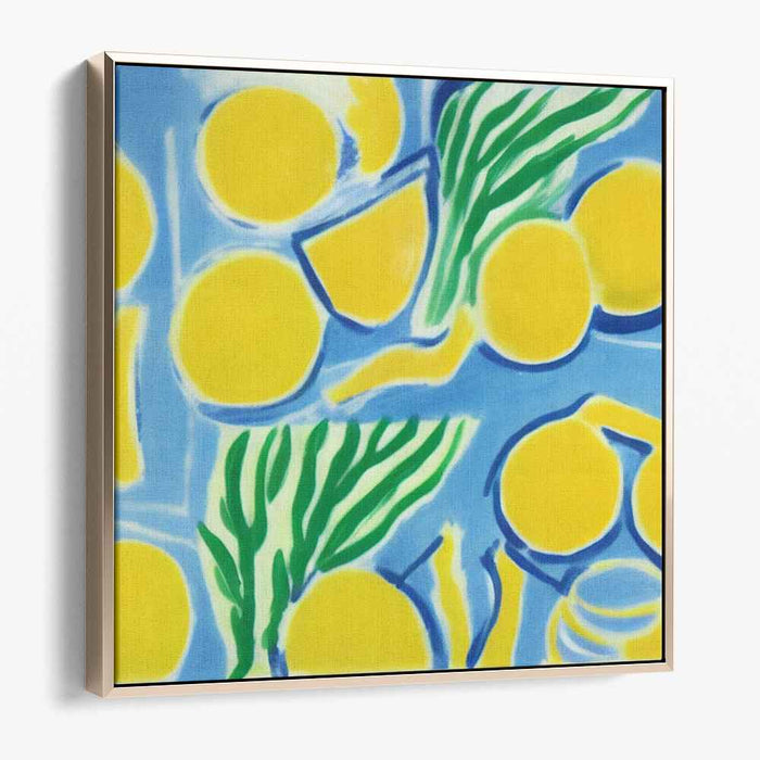 Citrus Whispers in Green Hues: Abstract Lemon and Leaves Canvas Art