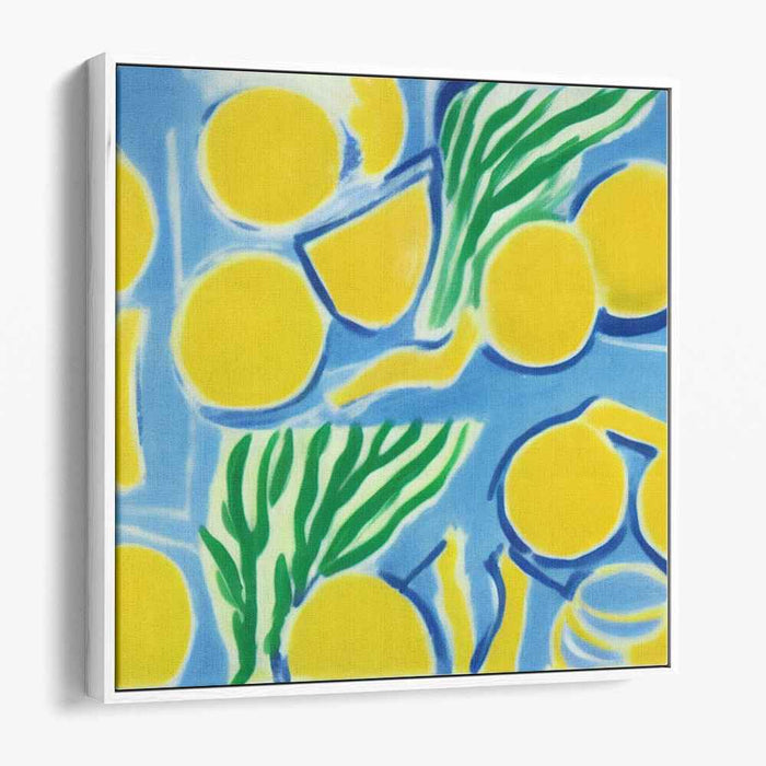 Citrus Whispers in Green Hues: Abstract Lemon and Leaves Canvas Art