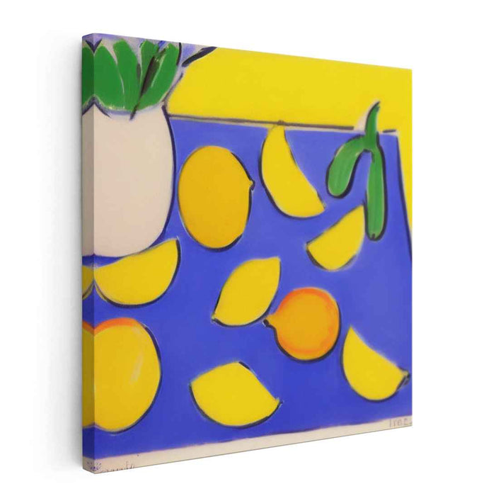 Citrus Symphony in Blue Hues: Vibrant Lemon and Blue Still Life Canvas Art