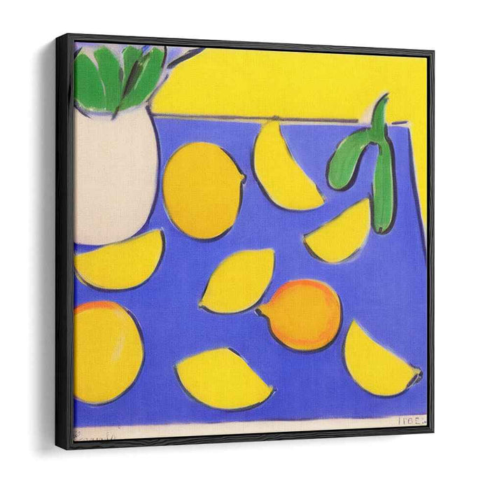 Citrus Symphony in Blue Hues: Vibrant Lemon and Blue Still Life Canvas Art