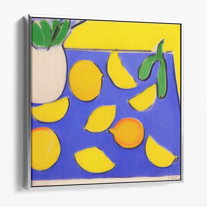 Citrus Symphony in Blue Hues: Vibrant Lemon and Blue Still Life Canvas Art