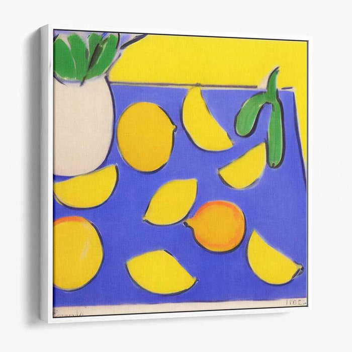 Citrus Symphony in Blue Hues: Vibrant Lemon and Blue Still Life Canvas Art