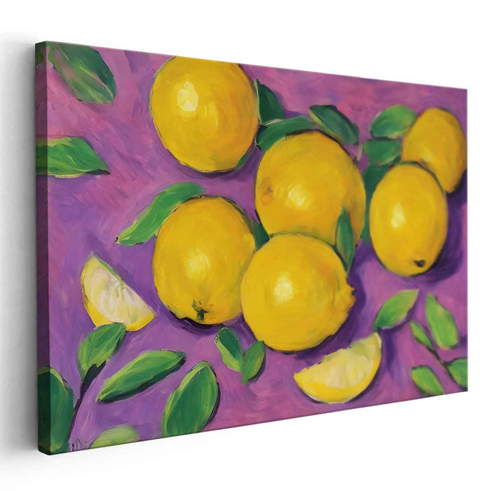 Zesty Harmony: Bold Still Life with Lemons on Purple Canvas Art Print