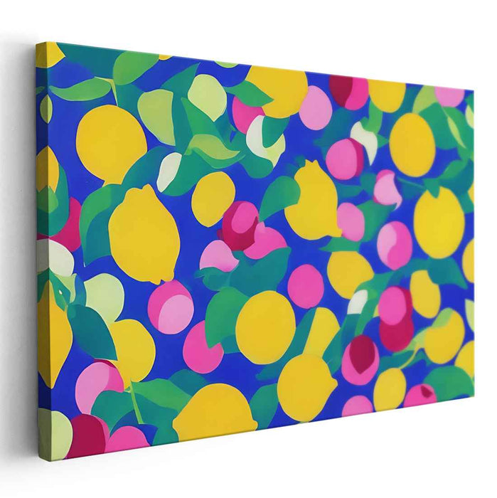 Fruitful Depths: Bold Blue Background with Colorful Fruits Canvas Art Print