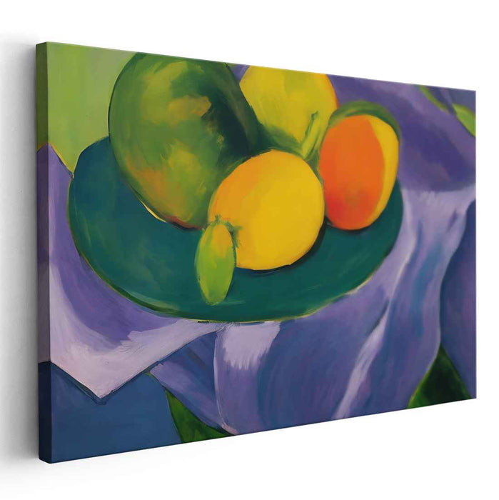 Fruity Radiance: Modernist Still Life with Vibrant Citrus and Pears