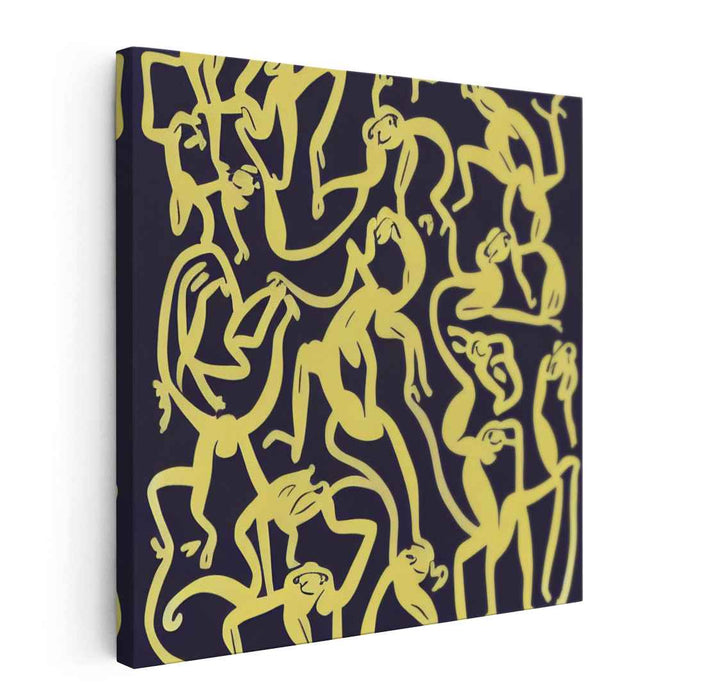 Luminous Shadows Dance Wildly: Abstract Yellow Figures on Dark Canvas Art Print