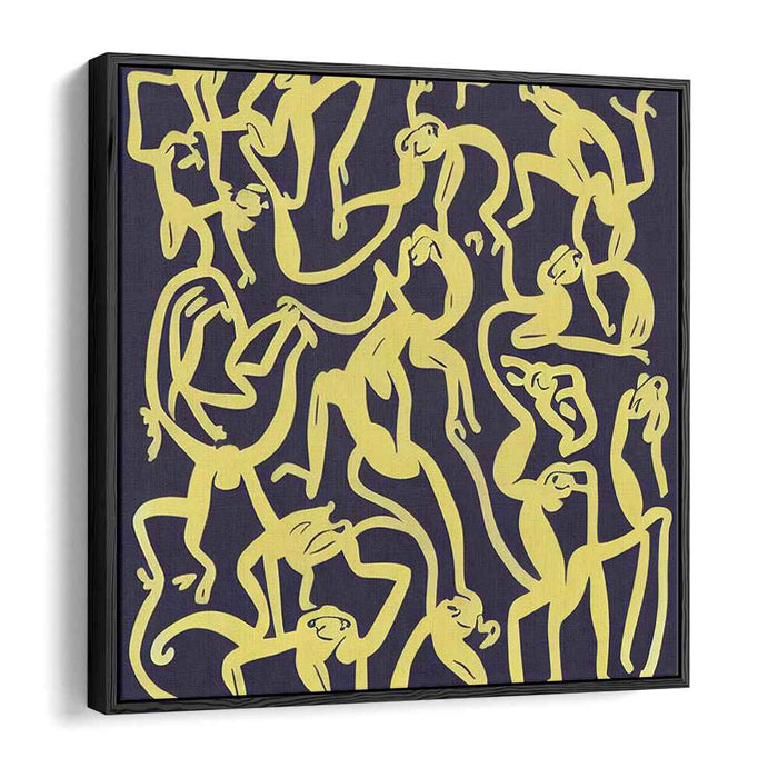 Luminous Shadows Dance Wildly: Abstract Yellow Figures on Dark Canvas Art Print