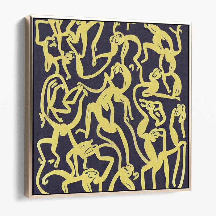 Luminous Shadows Dance Wildly: Abstract Yellow Figures on Dark Canvas Art Print