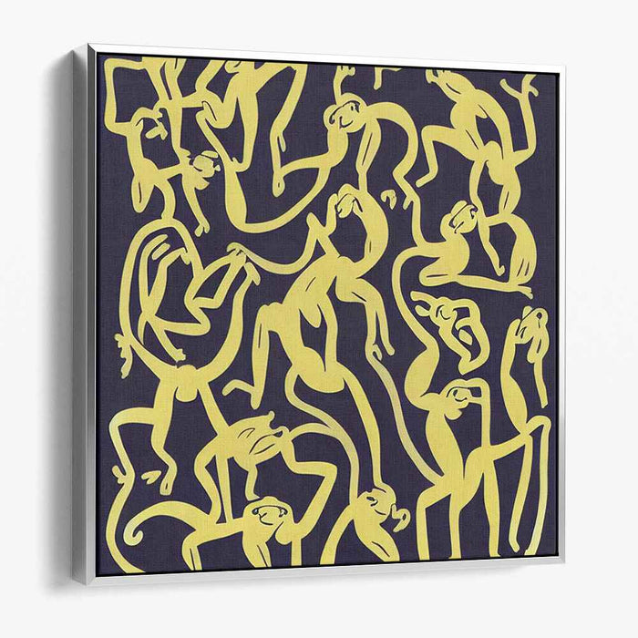 Luminous Shadows Dance Wildly: Abstract Yellow Figures on Dark Canvas Art Print