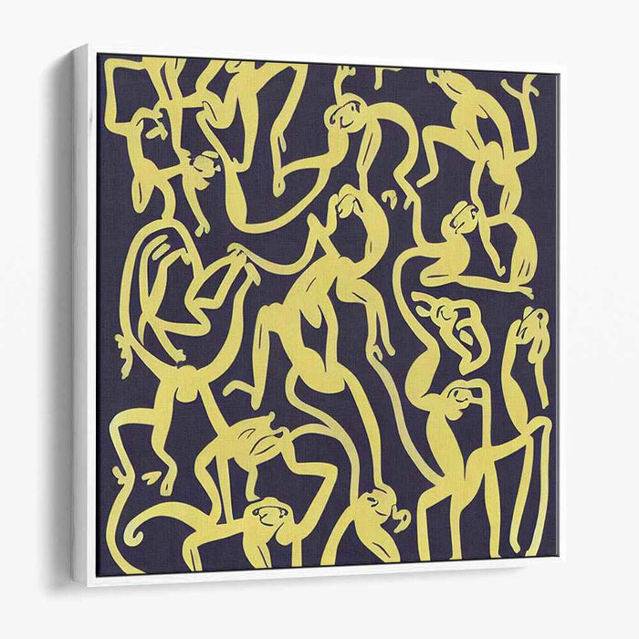 Luminous Shadows Dance Wildly: Abstract Yellow Figures on Dark Canvas Art Print