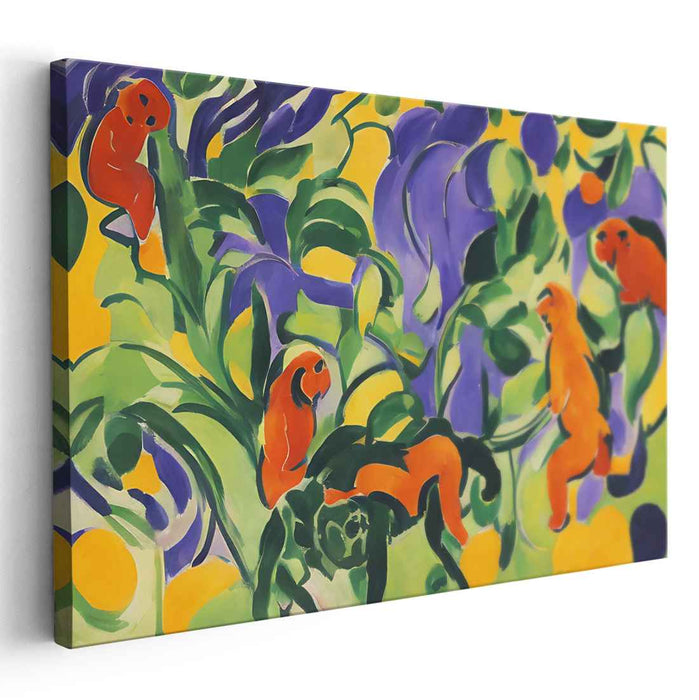 Jungle Play: Vibrant Monkeys in Lush Foliage Canvas Art Print