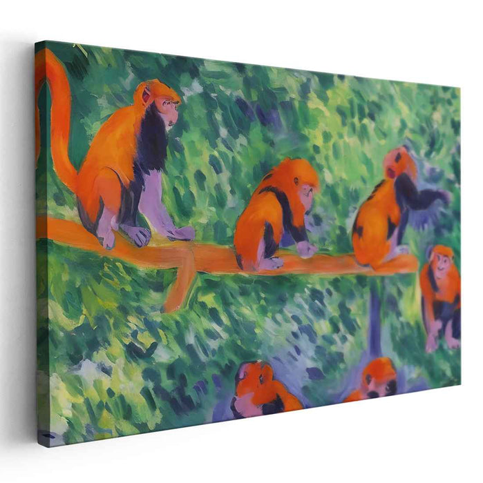 Tropical Tangerine Jungle Jive: Vivid Orange Monkeys in Lush Greenery Canvas Art Print