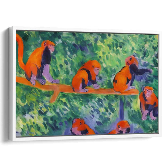 Tropical Tangerine Jungle Jive: Vivid Orange Monkeys in Lush Greenery Canvas Art Print