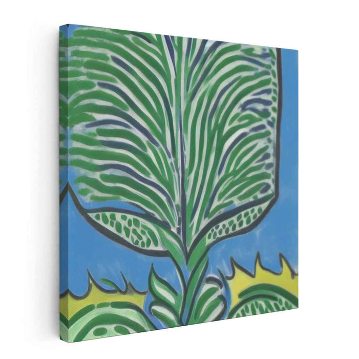 Emerald Echoes of Azure Serenity: Lush Green Leaf on Blue Canvas Art Print