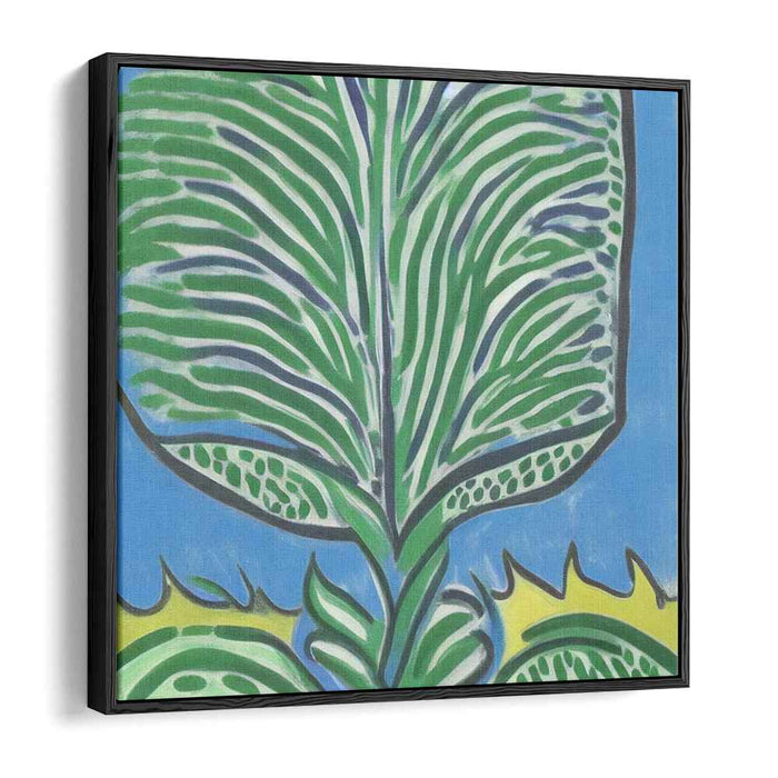 Emerald Echoes of Azure Serenity: Lush Green Leaf on Blue Canvas Art Print