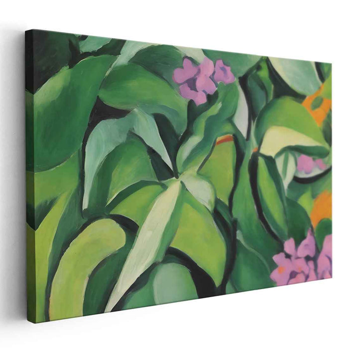 Emerald Veins Blooming Violet: Abstract Green Foliage and Purple Flowers Canvas Art Print
