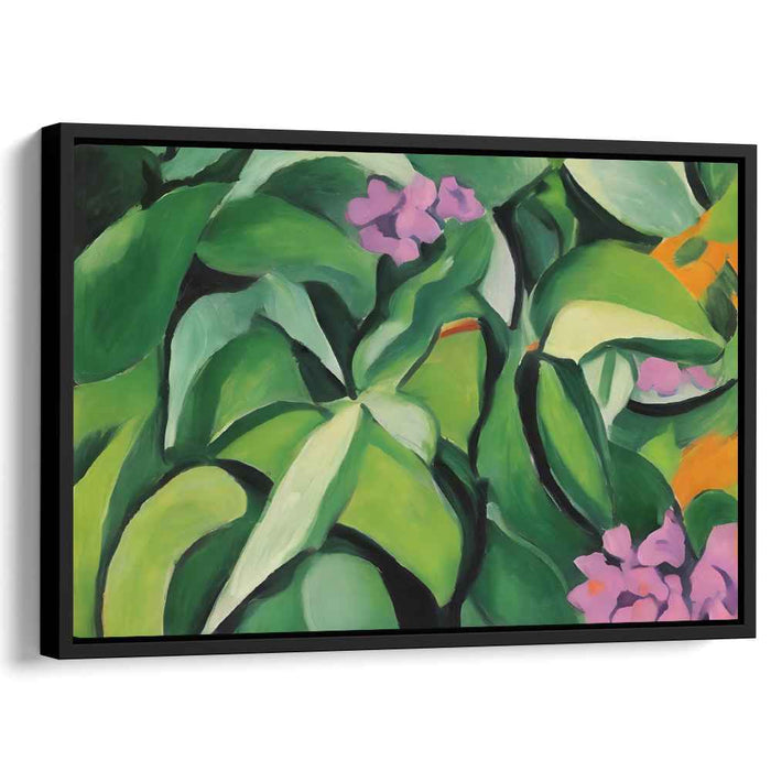 Emerald Veins Blooming Violet: Abstract Green Foliage and Purple Flowers Canvas Art Print
