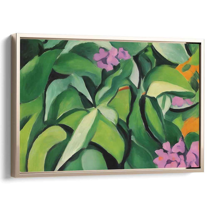 Emerald Veins Blooming Violet: Abstract Green Foliage and Purple Flowers Canvas Art Print