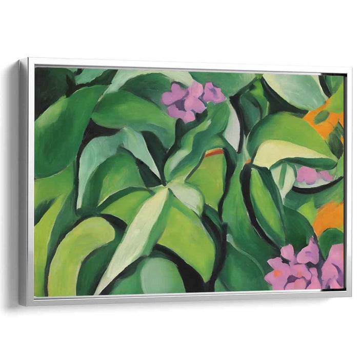 Emerald Veins Blooming Violet: Abstract Green Foliage and Purple Flowers Canvas Art Print
