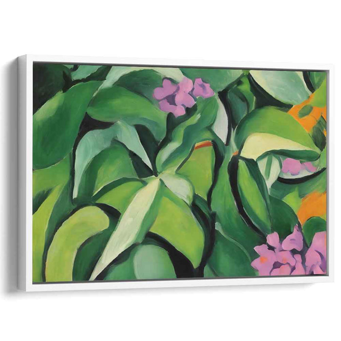 Emerald Veins Blooming Violet: Abstract Green Foliage and Purple Flowers Canvas Art Print