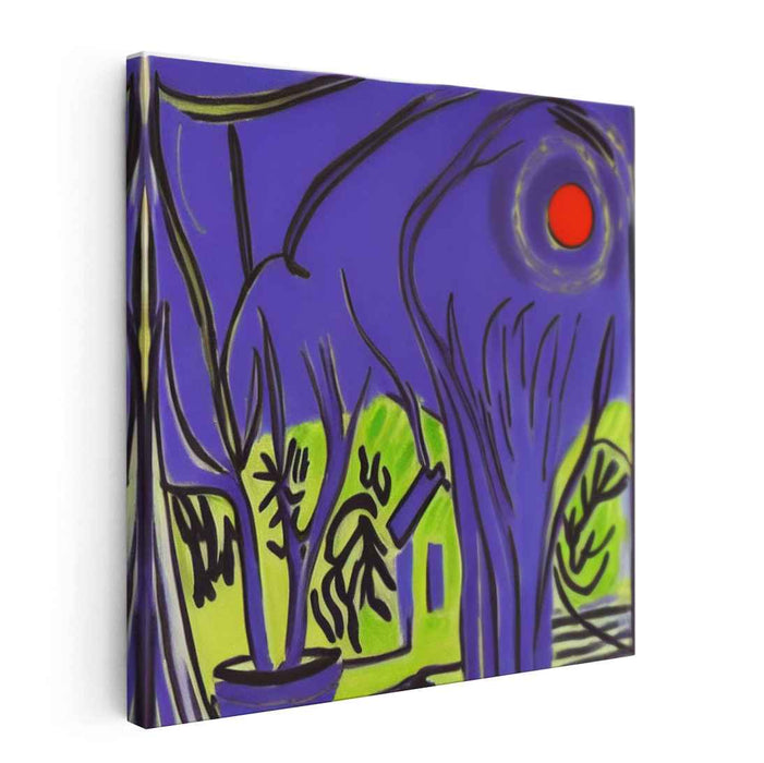 Surreal Dance: Expressionist Violet and Lime Green Landscape Canvas Art
