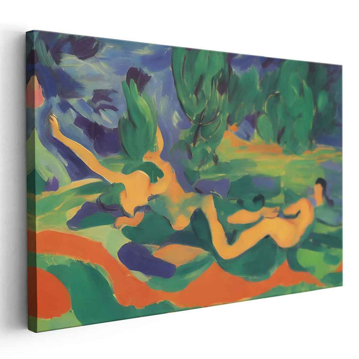 Sculpted Shadows of Nature: Abstract Expressionist Reclining Nudes in Lush Landscape