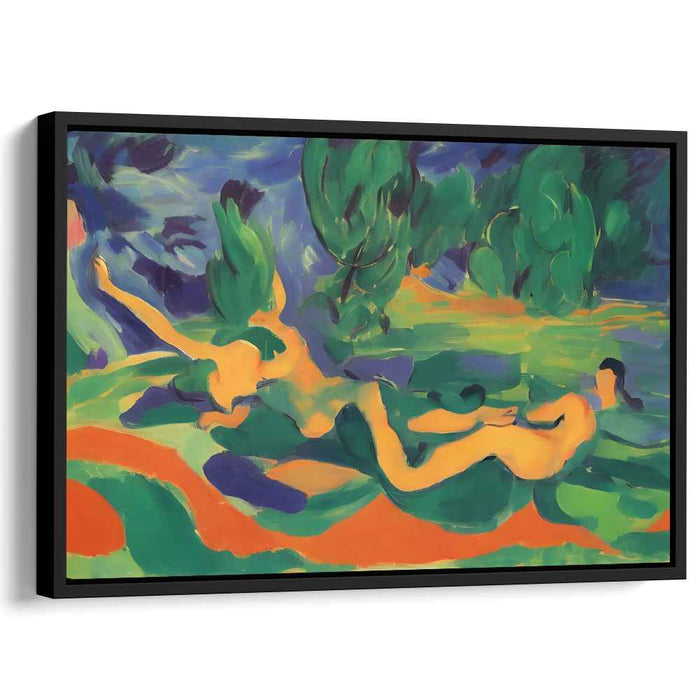 Sculpted Shadows of Nature: Abstract Expressionist Reclining Nudes in Lush Landscape
