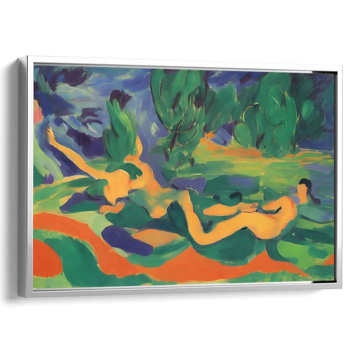 Sculpted Shadows of Nature: Abstract Expressionist Reclining Nudes in Lush Landscape