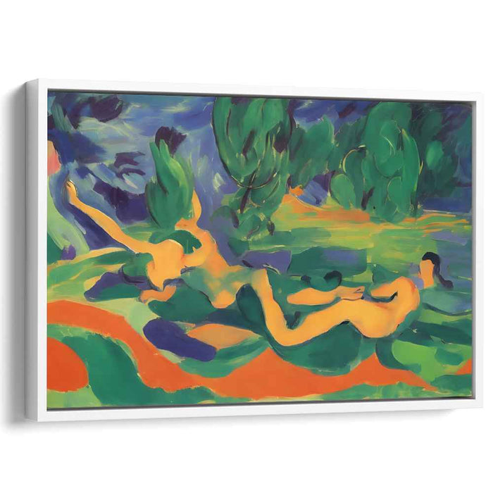 Sculpted Shadows of Nature: Abstract Expressionist Reclining Nudes in Lush Landscape