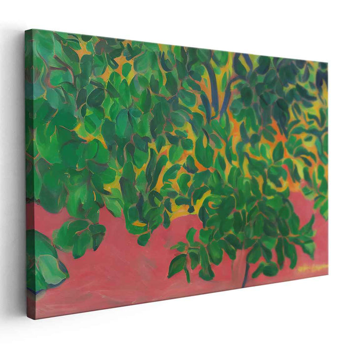 Verdant Vibrancy: Fauvist Foliage on Fiery Red Canvas Art Print