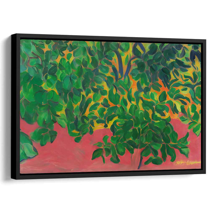 Verdant Vibrancy: Fauvist Foliage on Fiery Red Canvas Art Print