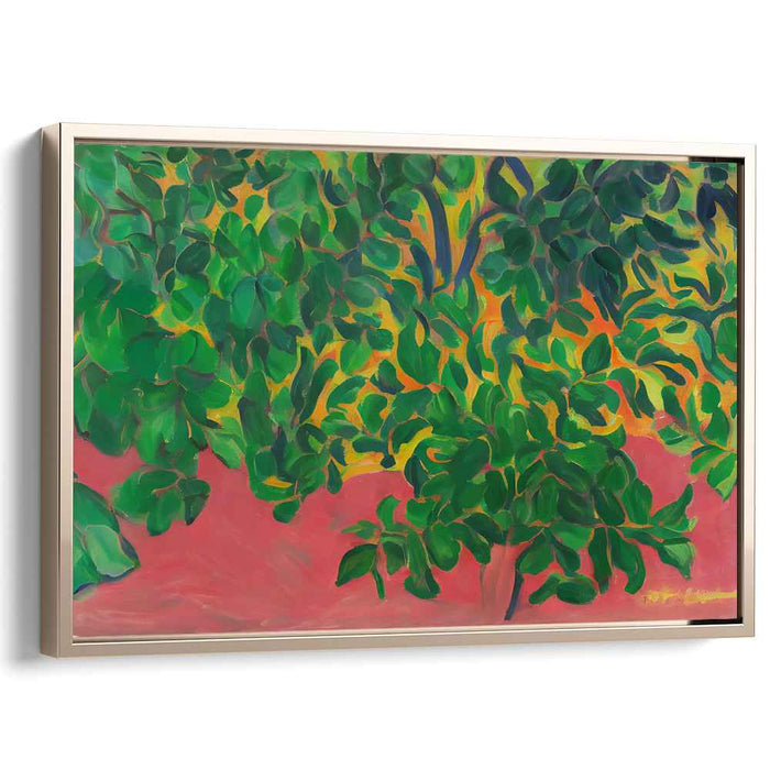 Verdant Vibrancy: Fauvist Foliage on Fiery Red Canvas Art Print