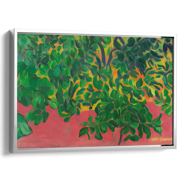 Verdant Vibrancy: Fauvist Foliage on Fiery Red Canvas Art Print