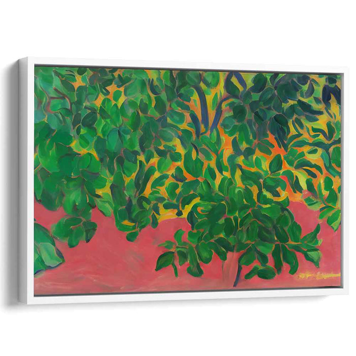 Verdant Vibrancy: Fauvist Foliage on Fiery Red Canvas Art Print